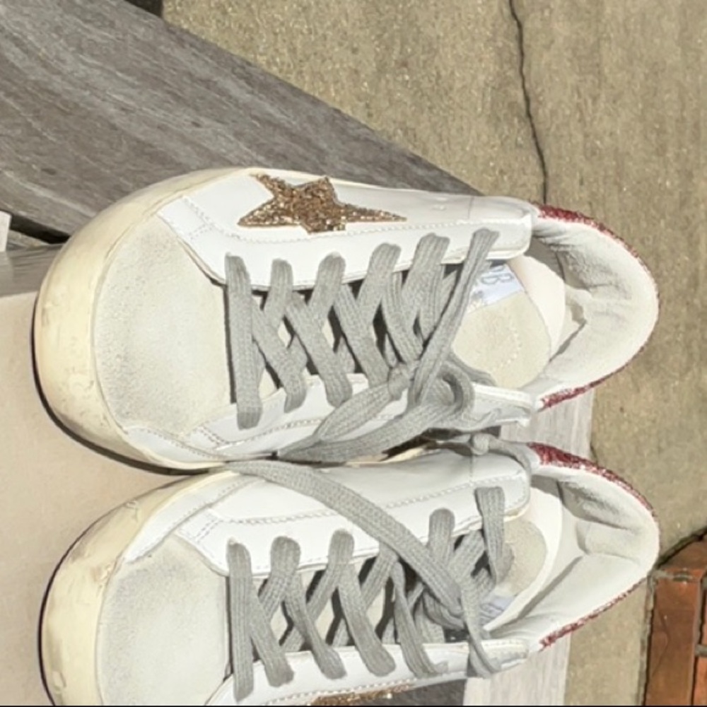 Golden Goose White and Gray Distressed Sneakers